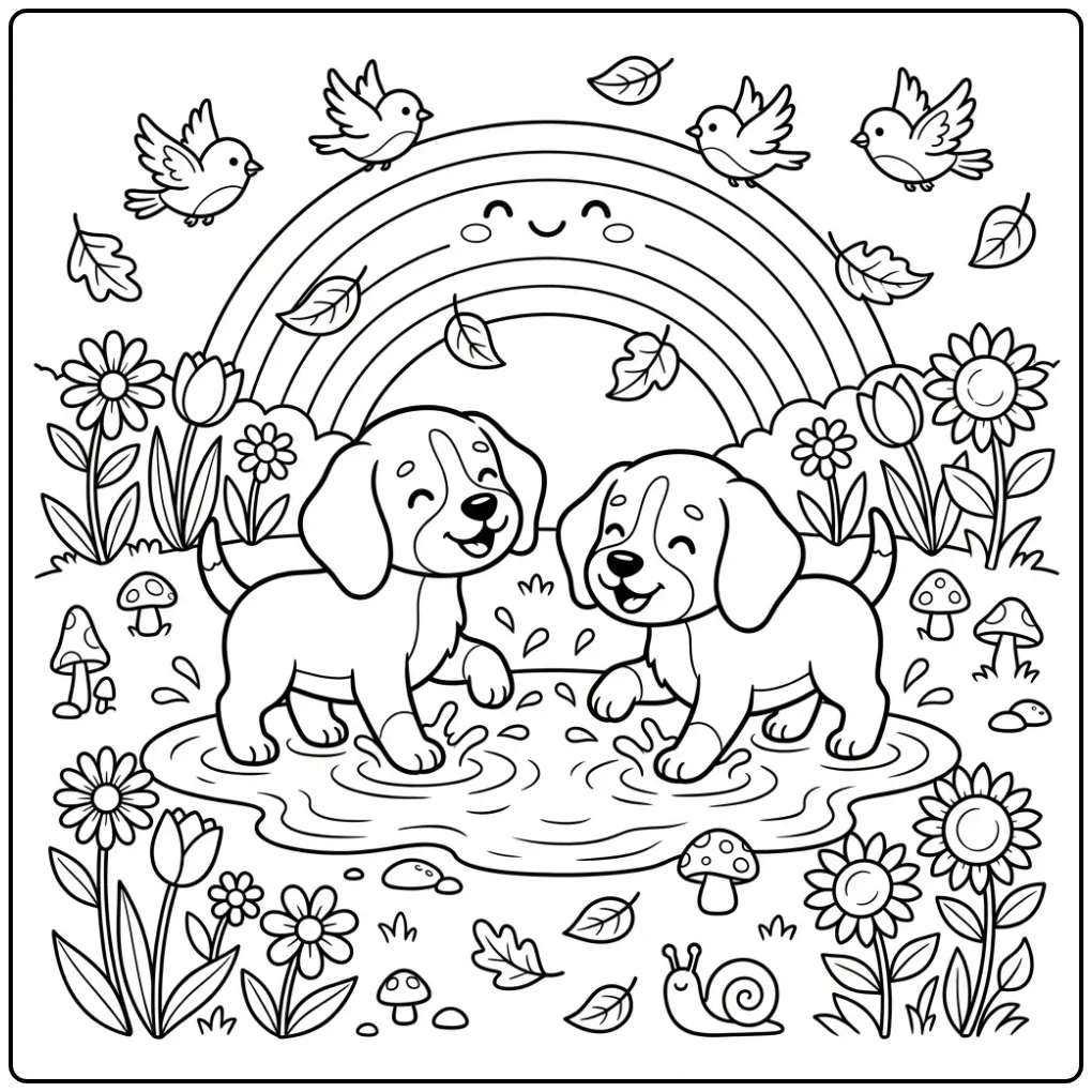 Two happy dogs splashing in a puddle on this Beagle Puppy Coloring Page.