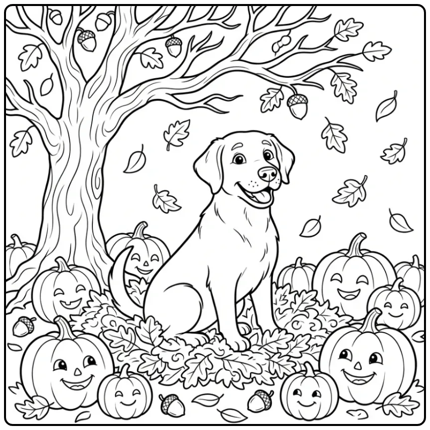 A cute dog sits in fall leaves on this Labrador Retriever Coloring Page.