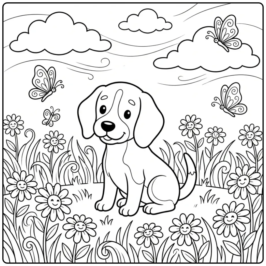 A cute cartoon Beagle Puppy Coloring Page in a sunny meadow.