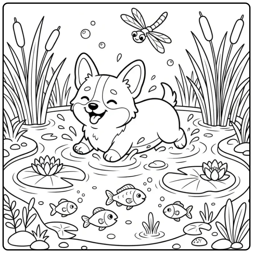 A happy Corgi Puppy Coloring Page splashing in a lily pad pond.