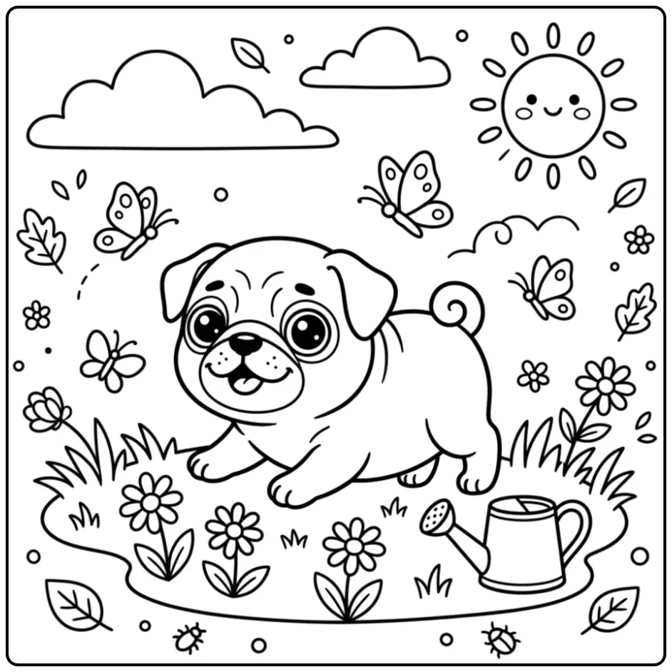 A cute cartoon Baby Pug Coloring Page in a sunny garden.