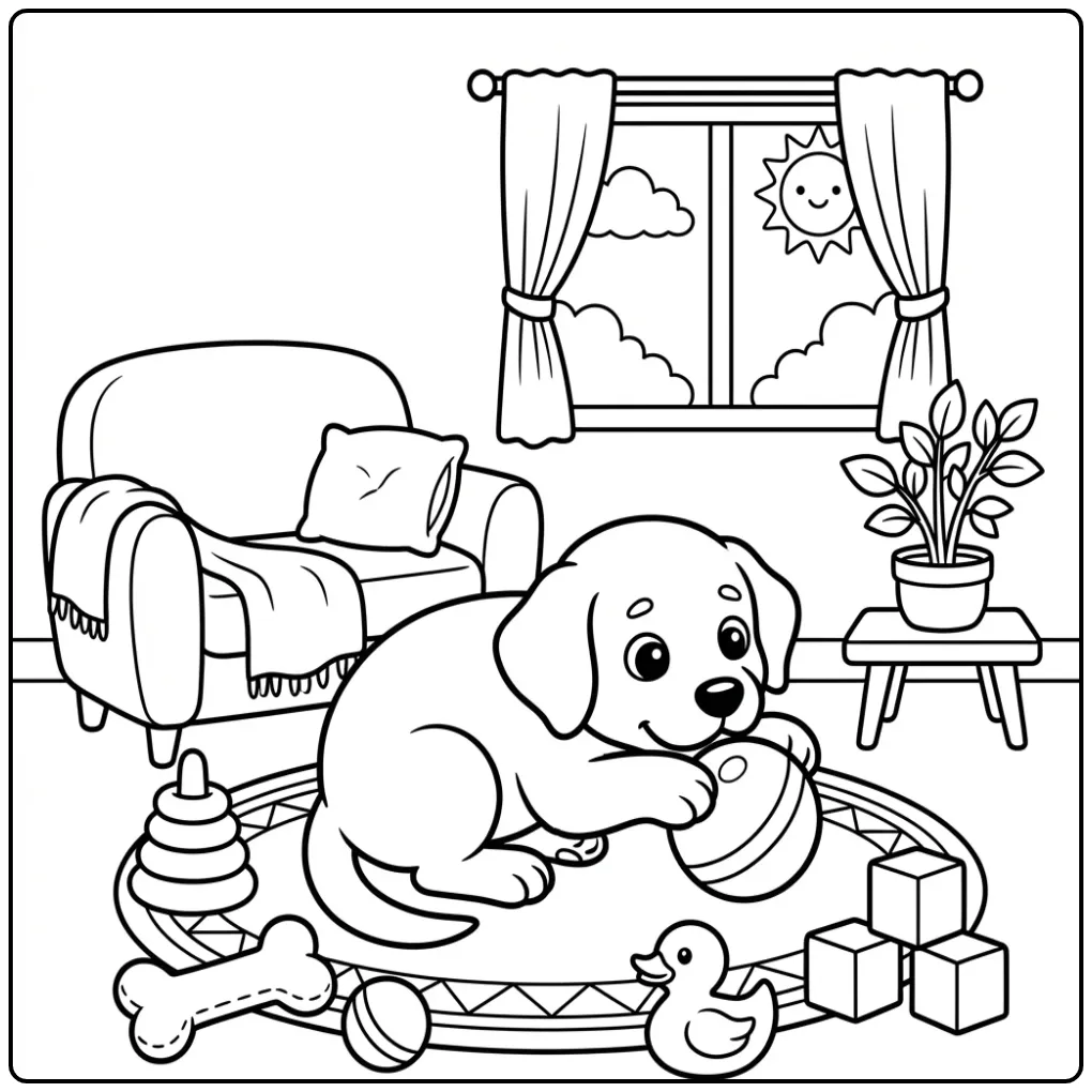 A cute Labrador Puppy Coloring Page with a ball in a cozy room.
