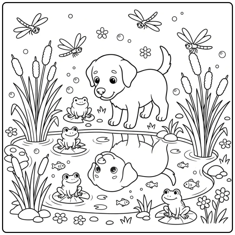 A cute Labrador Retriever Coloring Page by a pond with frogs.