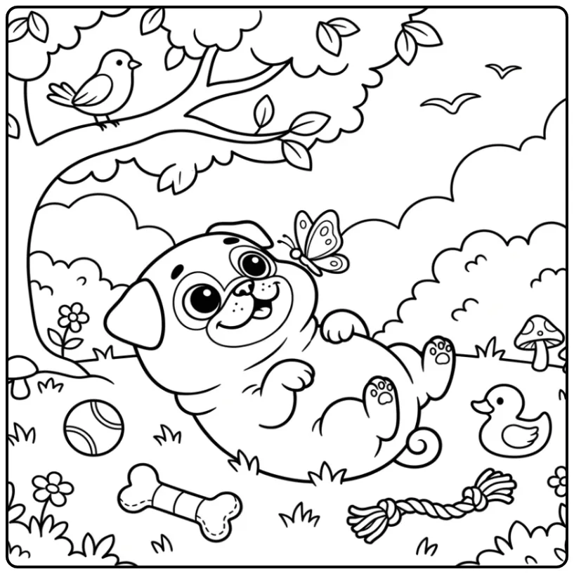 A happy Pug Coloring Page For Kids with a butterfly on its nose.