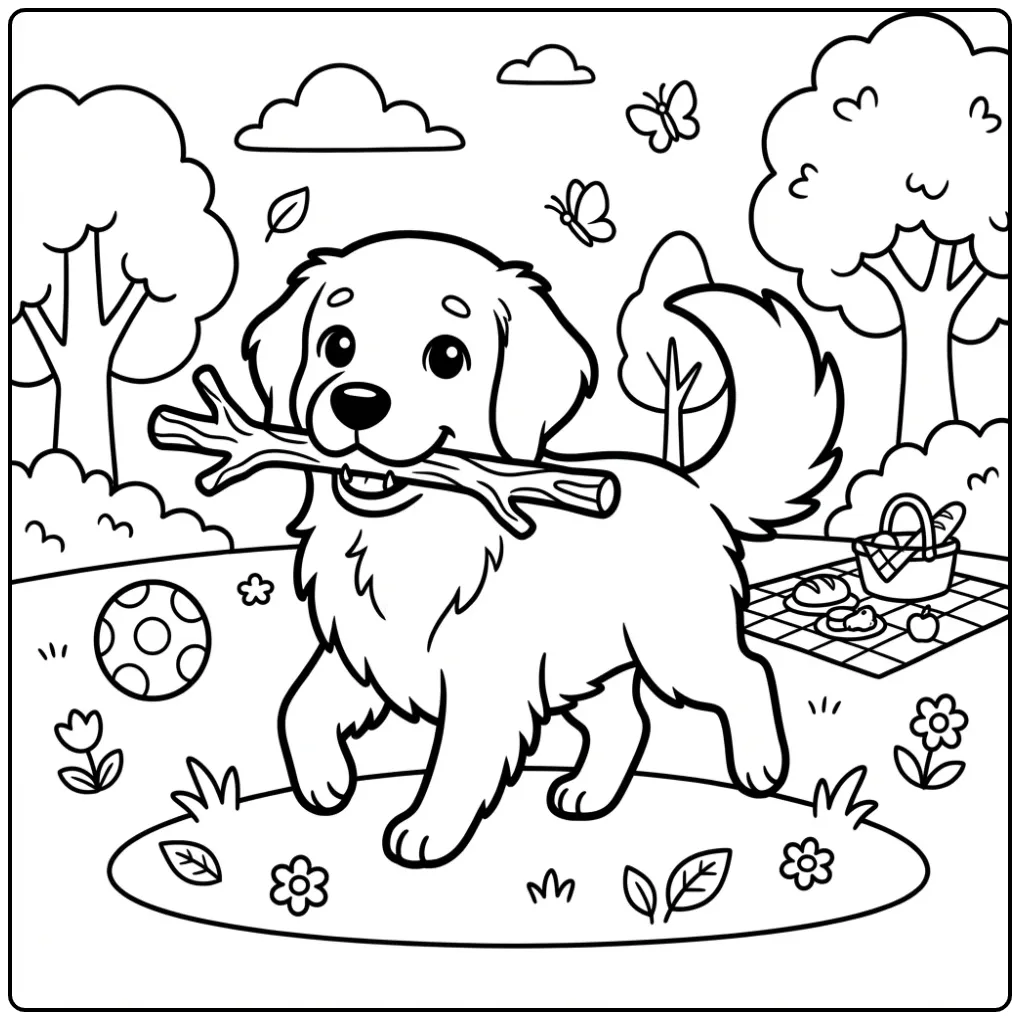 A happy dog with a stick on a Golden Retriever Coloring Page.