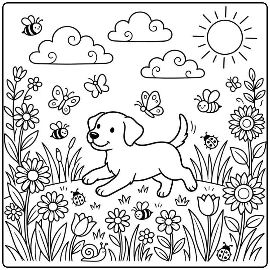 A happy puppy in a meadow, a fun Labrador Retriever Coloring Page.