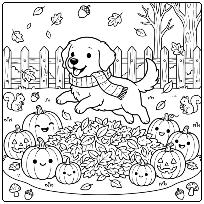 A happy dog with a scarf jumping in leaves, Cute Golden Retriever Coloring Page.