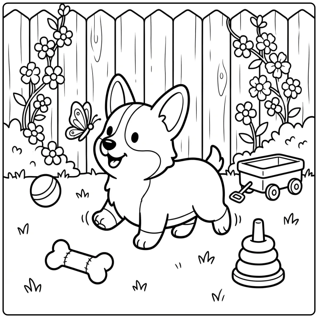 A cute Baby Corgi Coloring Page with a butterfly and toys.