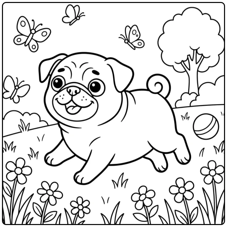 A joyful dog chasing butterflies on a Cute Pug Coloring Page.