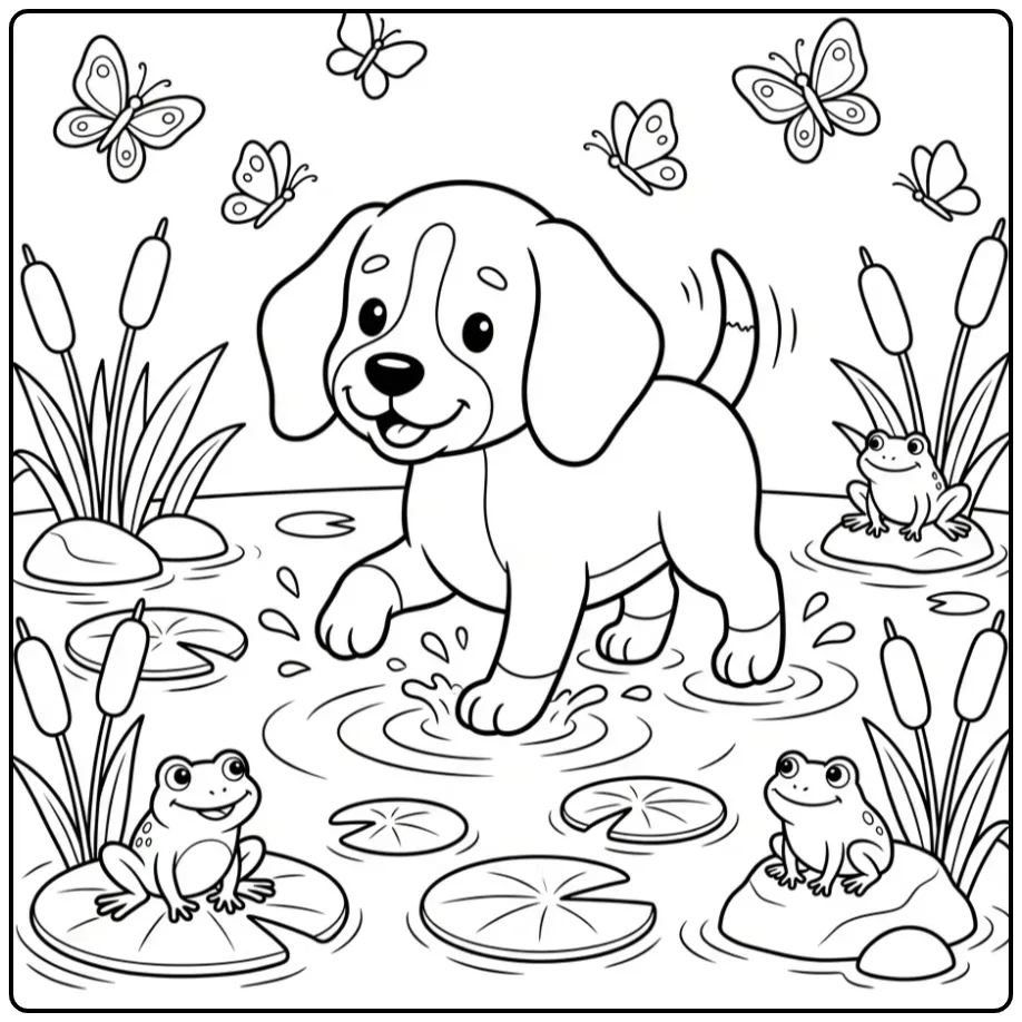 A cheerful puppy splashing in a pond Beagle Coloring Page.