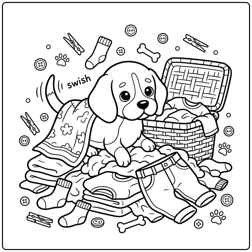 A cute puppy hiding in a laundry pile Beagle Coloring Page.