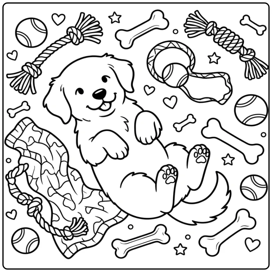 An adorable pup on its back: Golden Retriever Coloring Page.