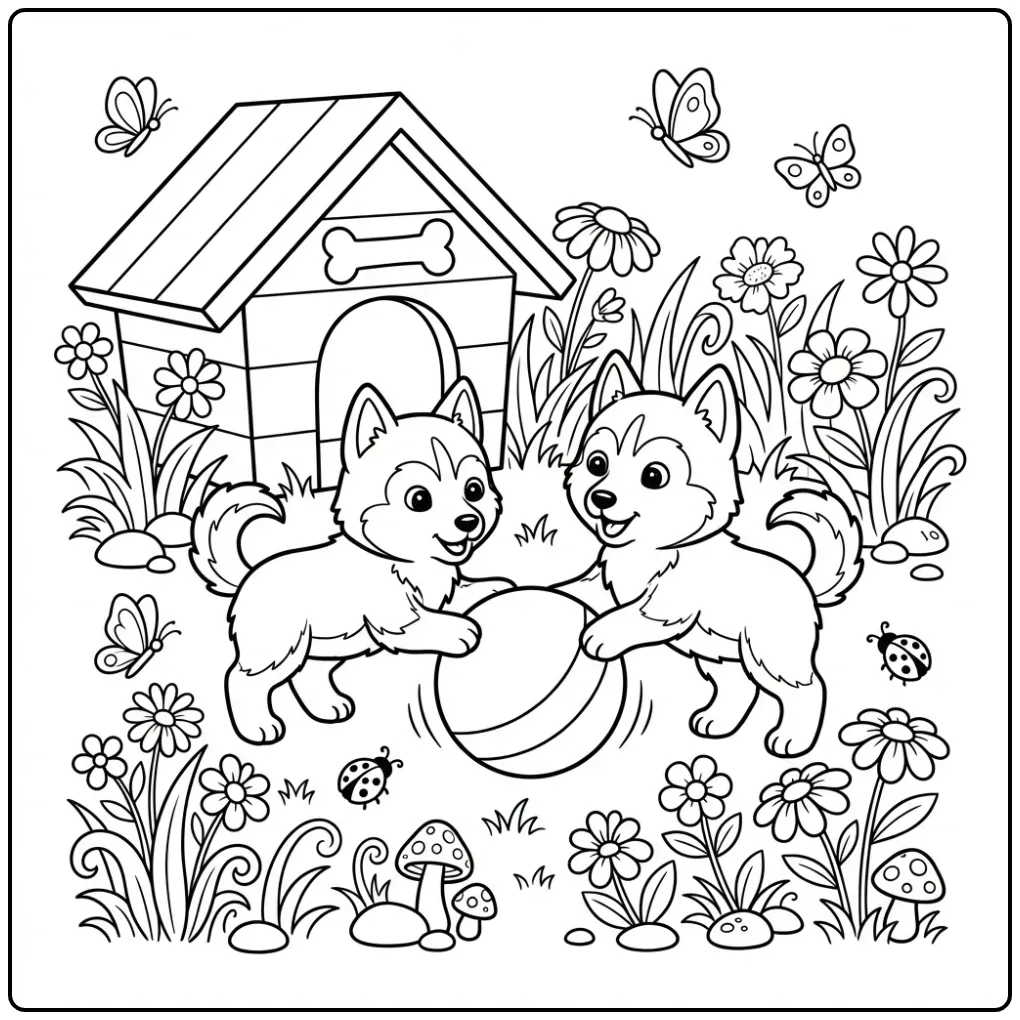 A cute Husky Coloring Page of two puppies playing with a ball.