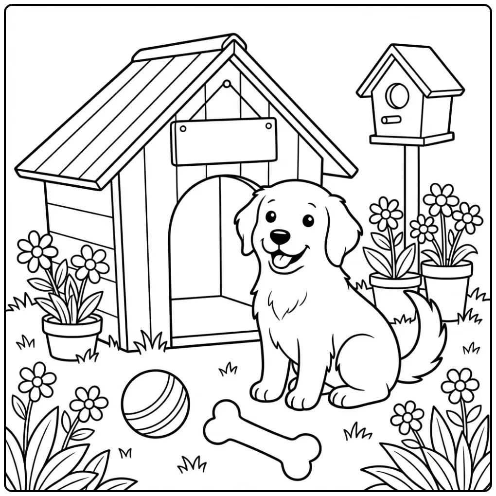 A cute puppy by its doghouse on a Golden Retriever Coloring Page.