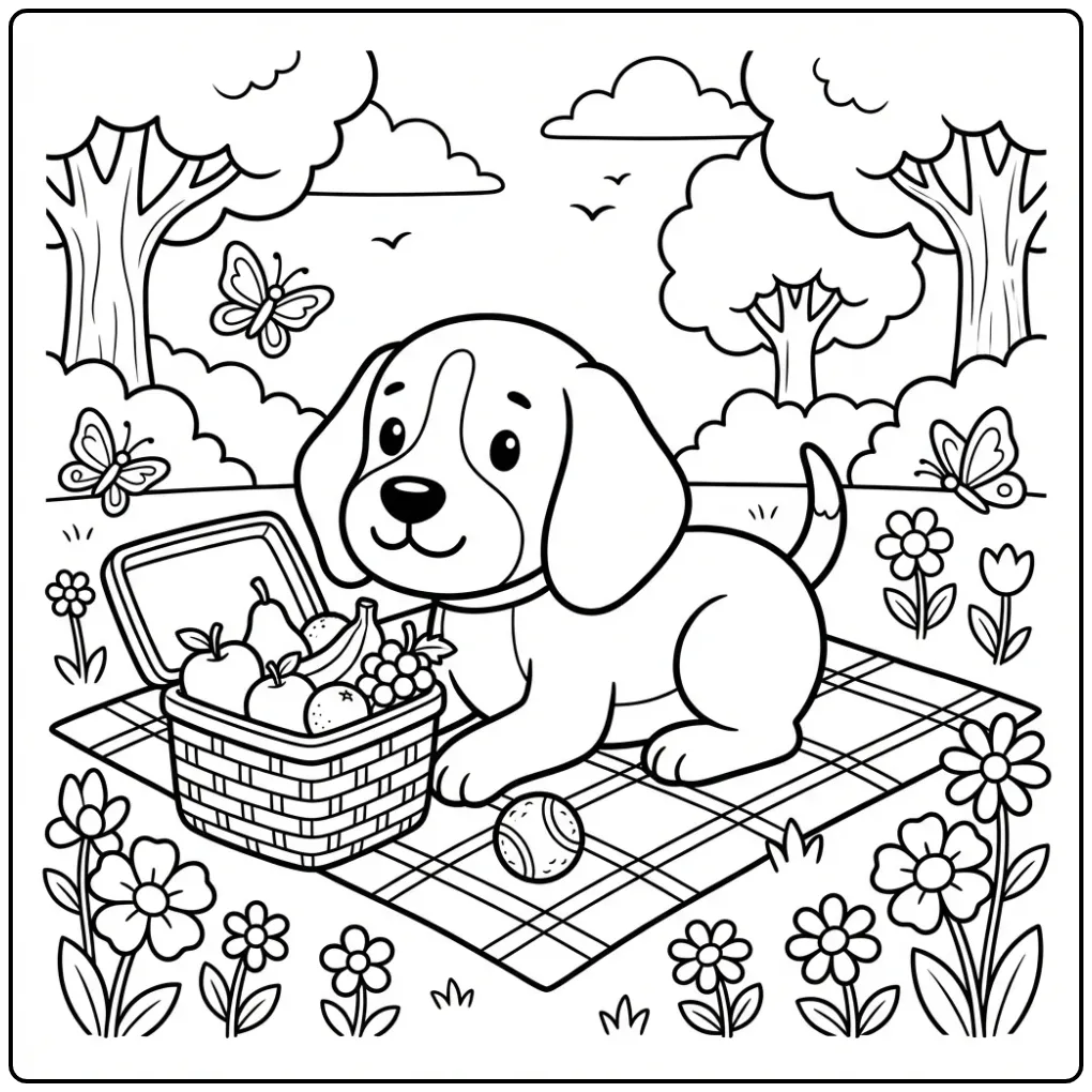 A cute Beagle In The Park Coloring Page with a picnic basket.