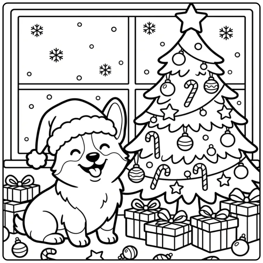 A joyful Corgi Christmas Coloring Page with a Santa hat.