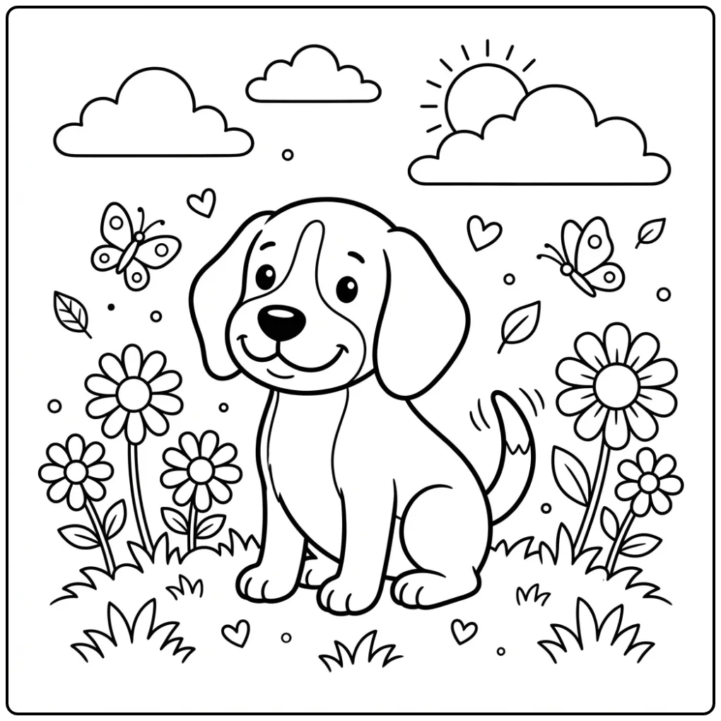 A friendly cartoon puppy on a sunny day, an Easy Beagle Coloring Page.
