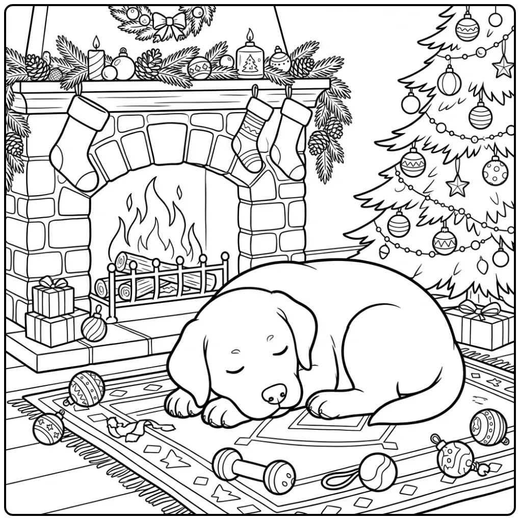 A cozy holiday scene Labrador Retriever Coloring Page for kids.