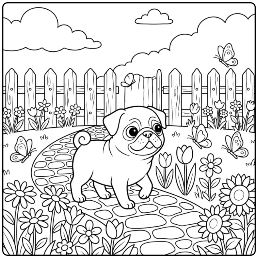 A happy Realistic Pug Coloring Page in a sunny flower garden.