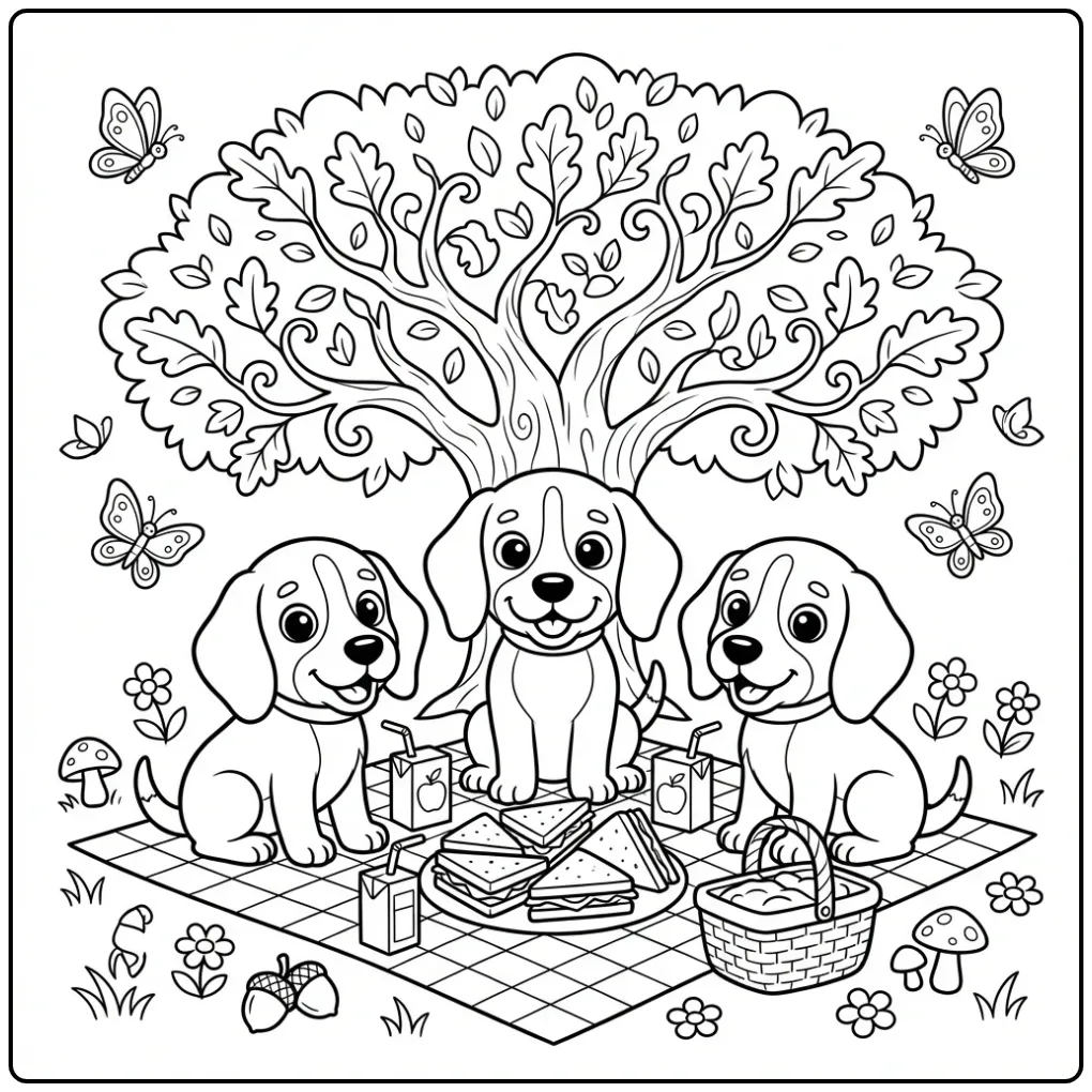 A cute picnic scene Beagle Coloring Page with three puppies.