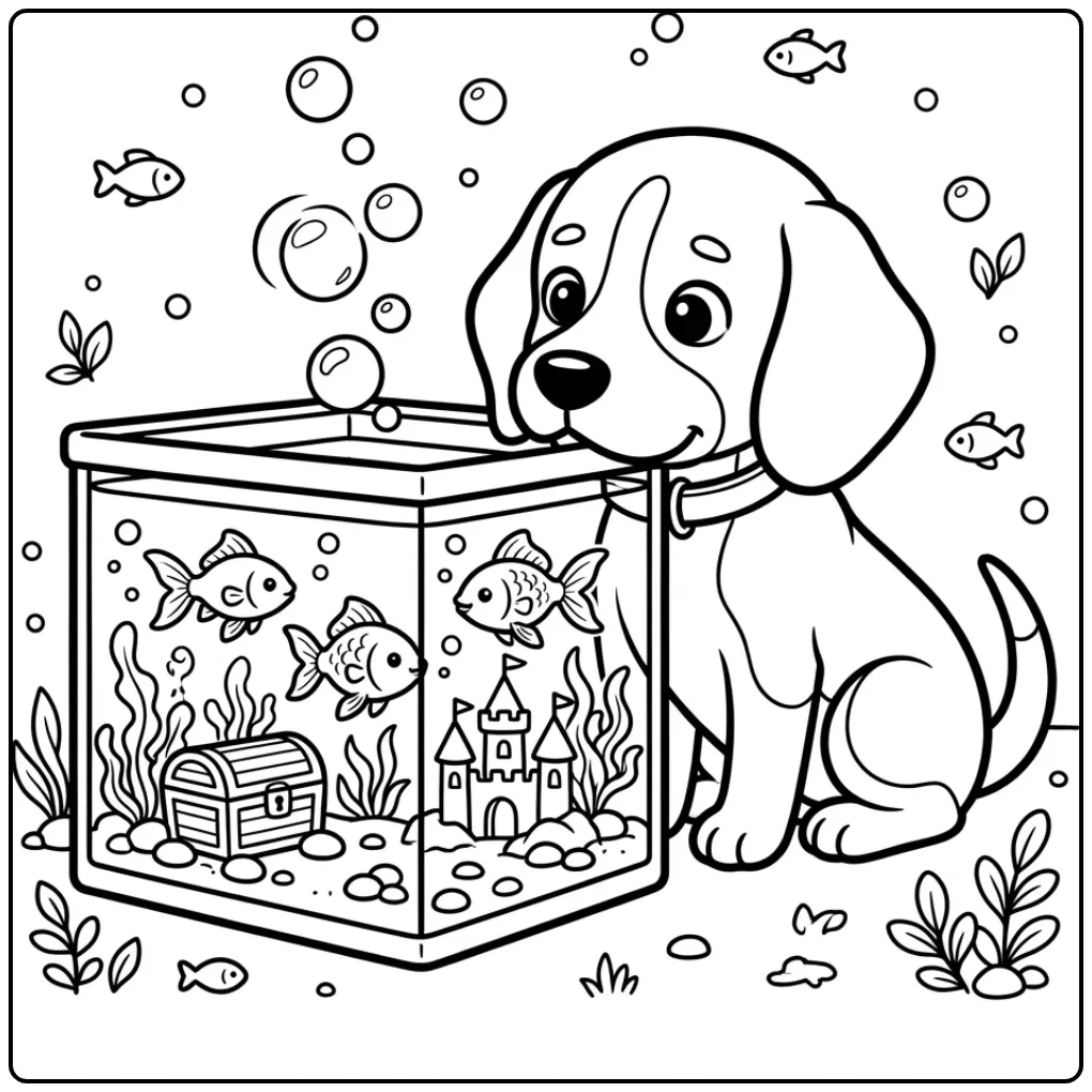 A curious puppy watching fish on this fun Beagle Coloring Page.