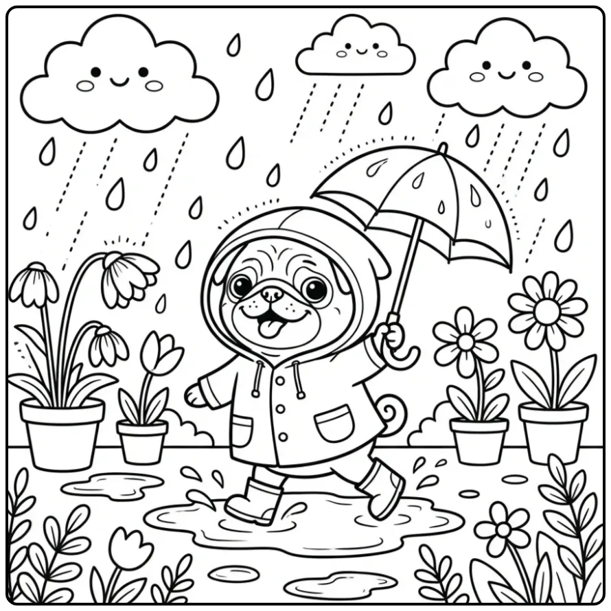 A cute dog in a raincoat for a Pug Coloring Page.