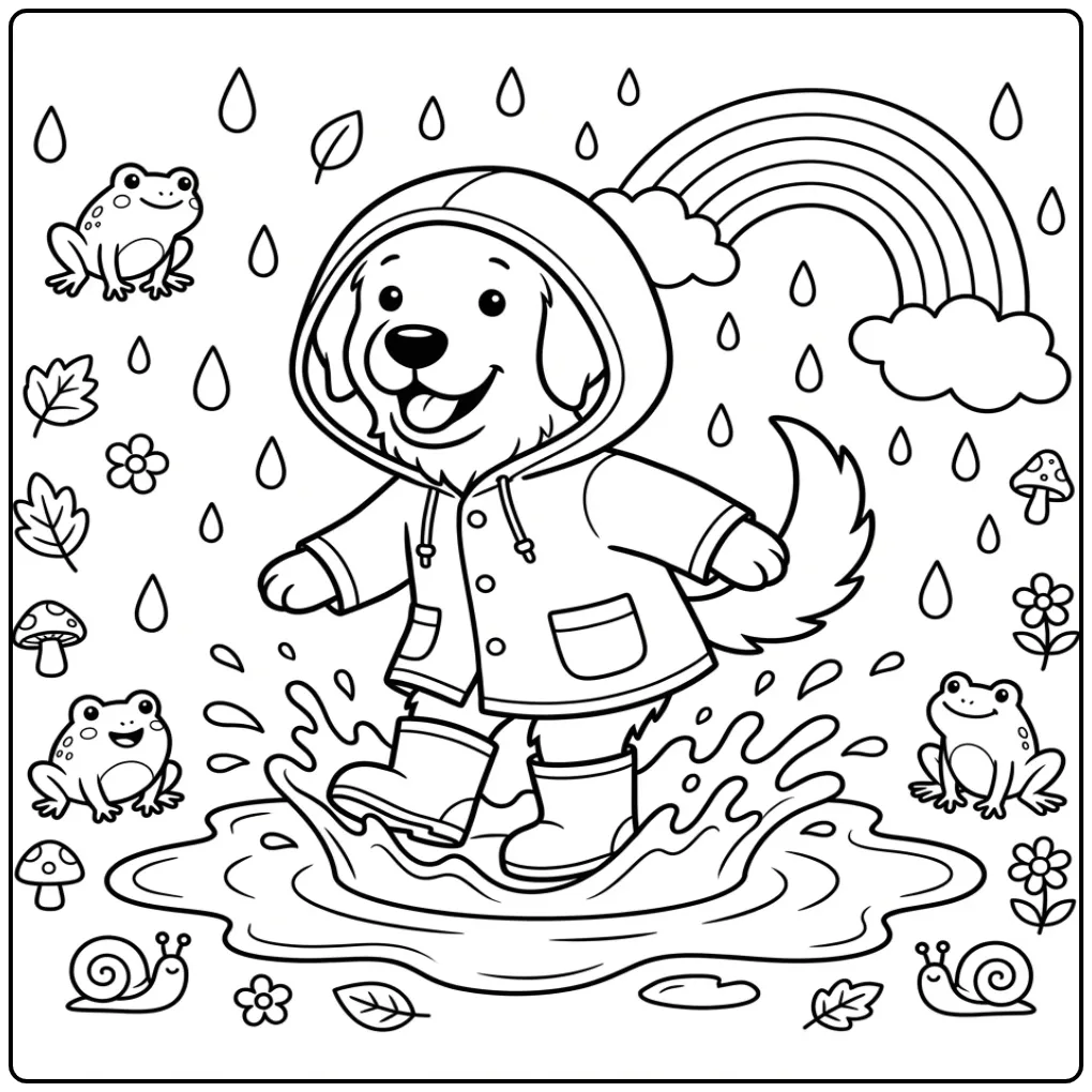 A happy dog in a raincoat for this Golden Retriever Coloring Page.