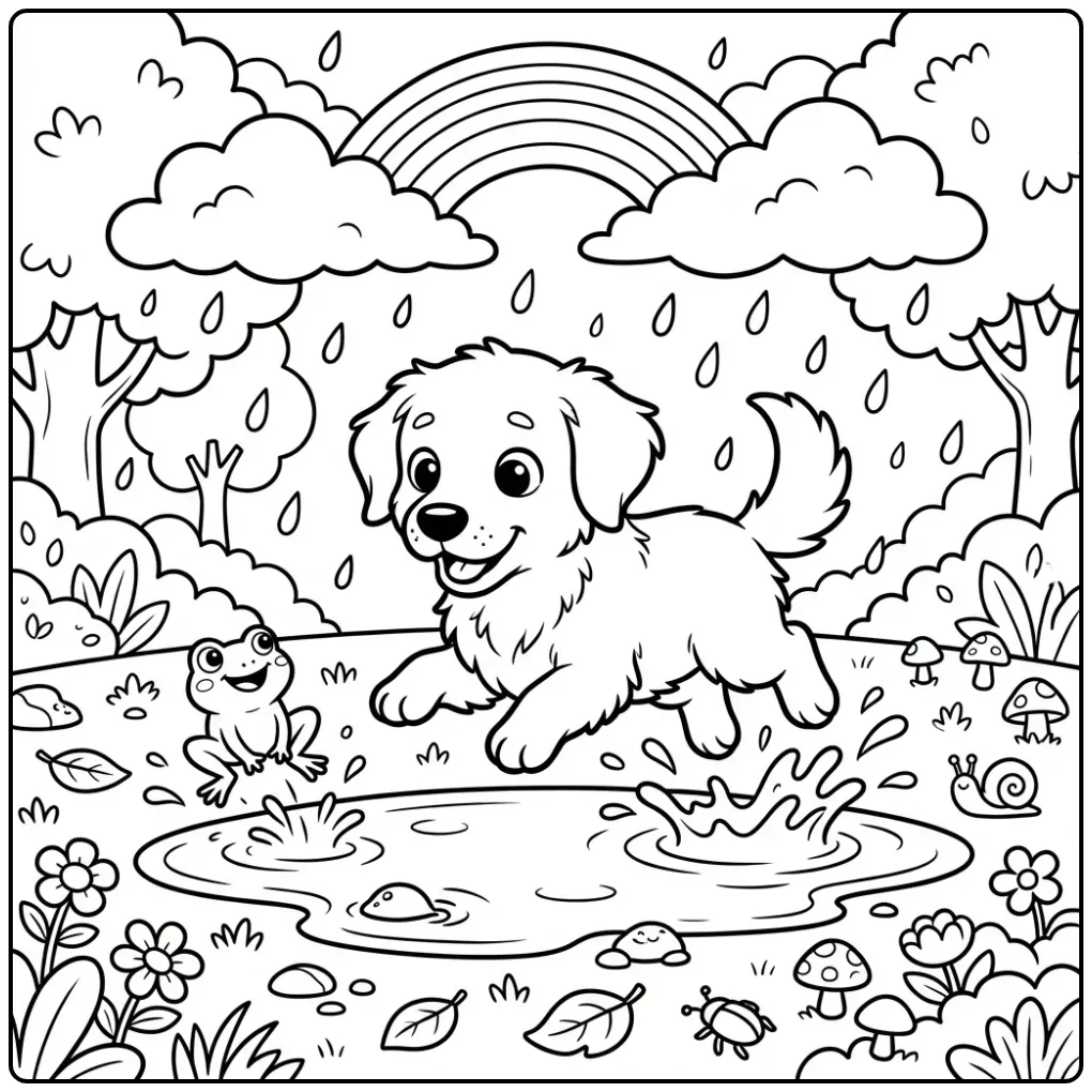 A happy Golden Retriever Puppy Coloring Page splashing in a puddle.