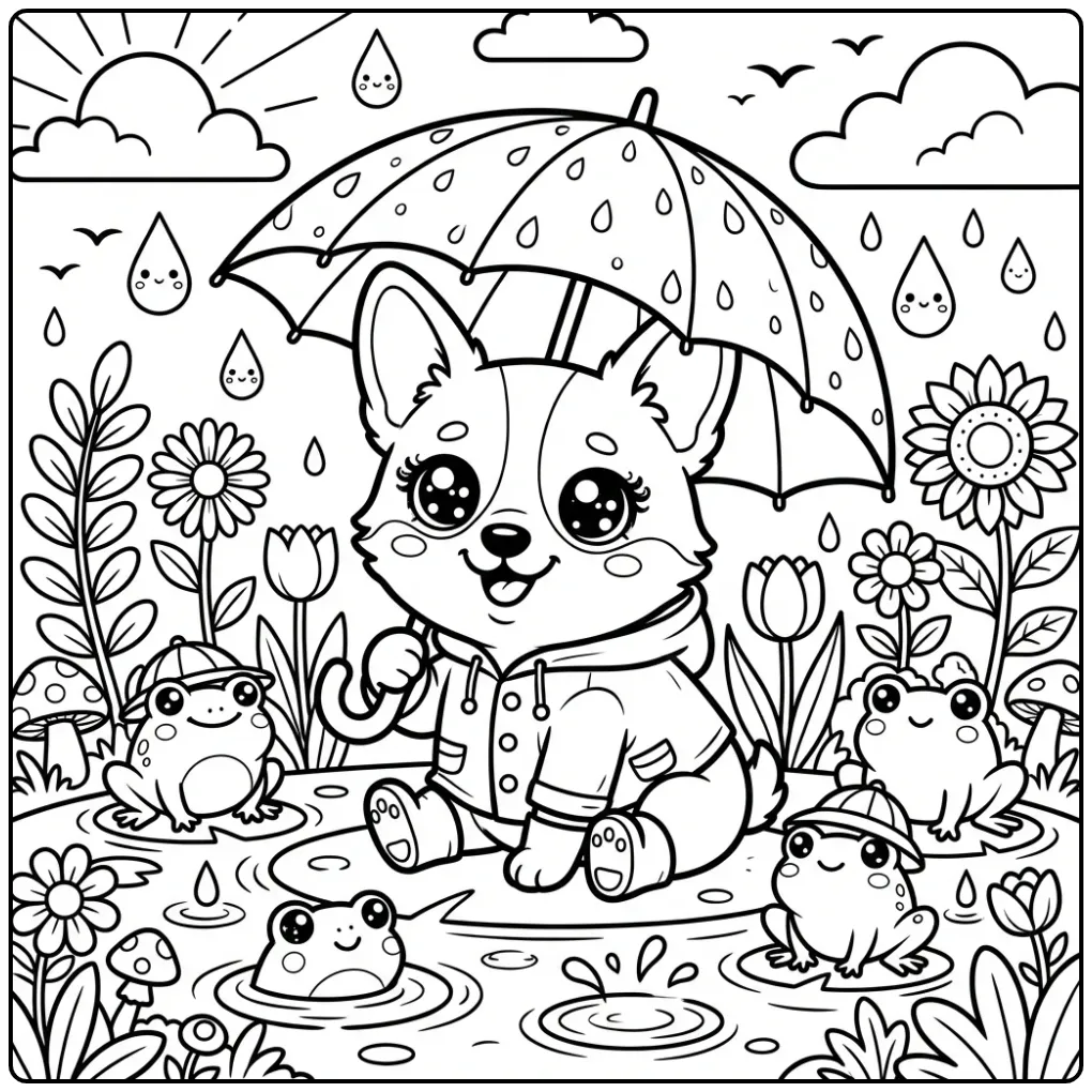 A cute Kawaii Corgi Coloring Page of a pup in a raincoat.