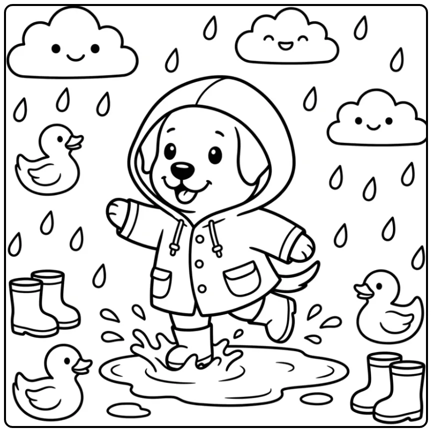A cute dog splashing in a puddle for a Labrador Puppy Coloring Page.