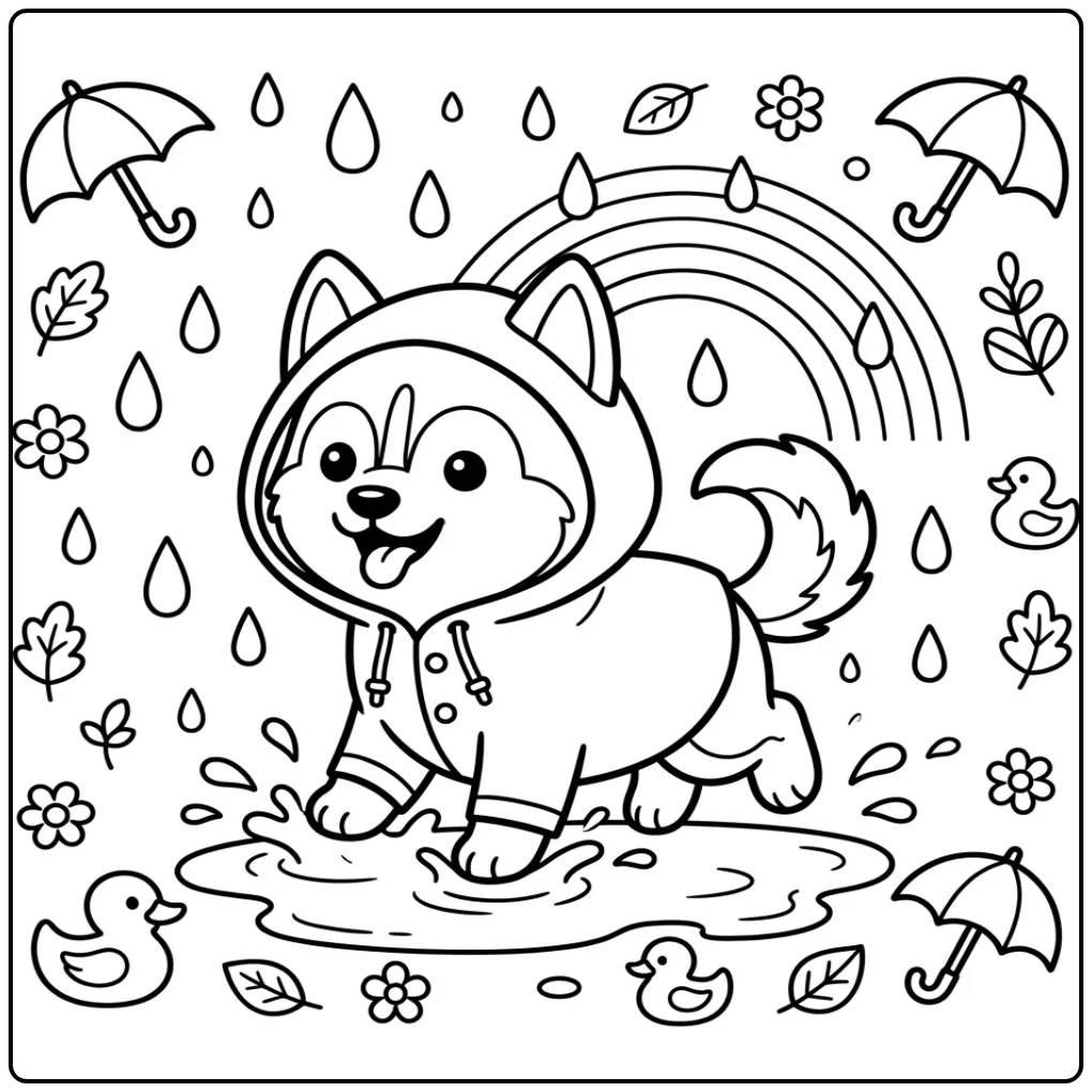 A cute Husky Coloring Page showing a dog in a puddle and raincoat.