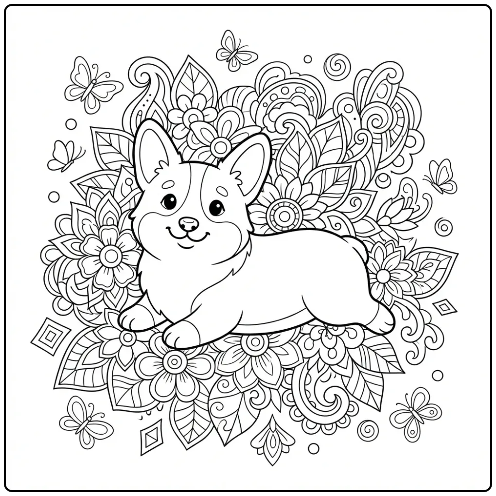 A serene corgi among flowers, a Corgi Coloring Page For Adults.