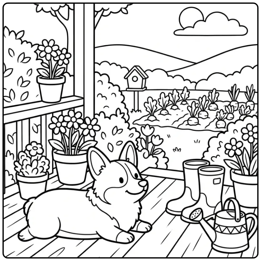 A cute Realistic Corgi Coloring Page with garden boots.