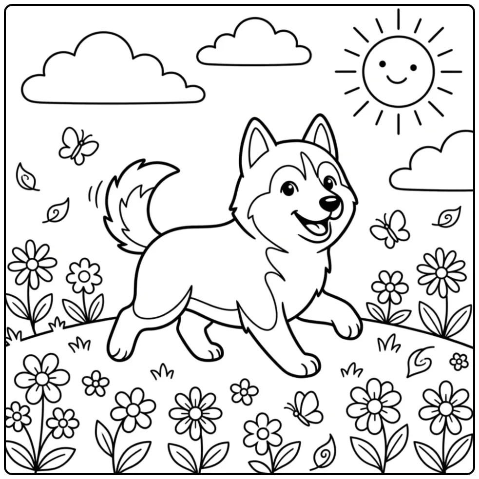 A joyful cartoon husky runs through a meadow on this Cute Husky Coloring Page.
