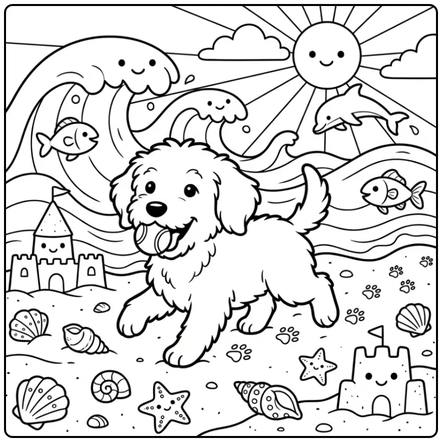 A playful puppy chasing a ball Golden Doodle Coloring Page.