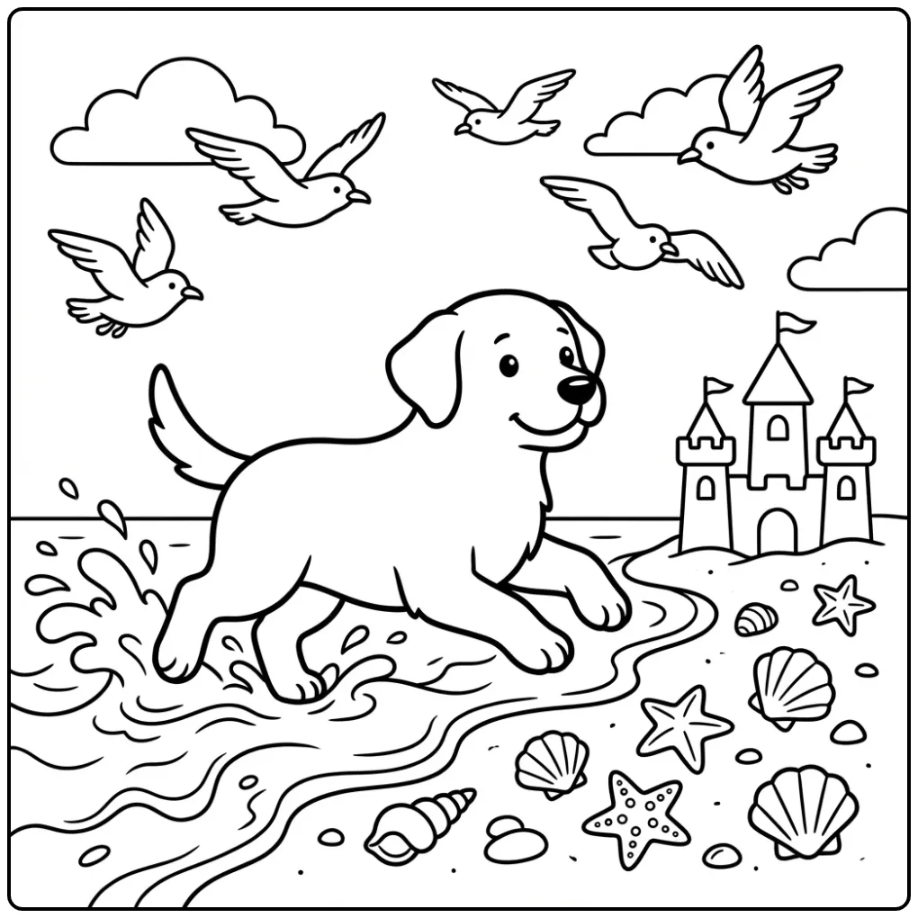 A joyful Labrador Retriever Coloring Page running on a beach.