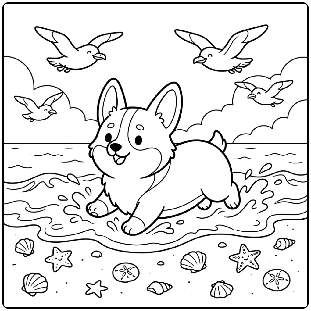 A happy dog on a beach Realistic Corgi Coloring Page.