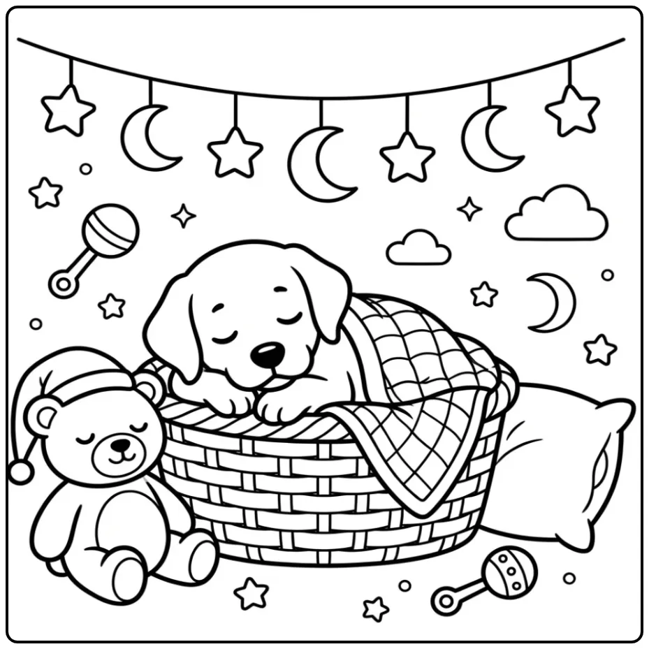 A sleepy puppy in a basket on a Yellow Lab Coloring Page.