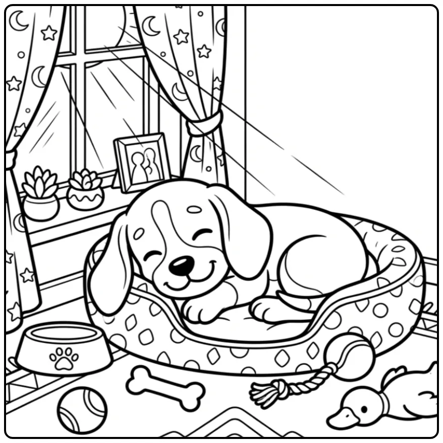 A cute Beagle Puppy Coloring Page showing a pup in a cozy bed.