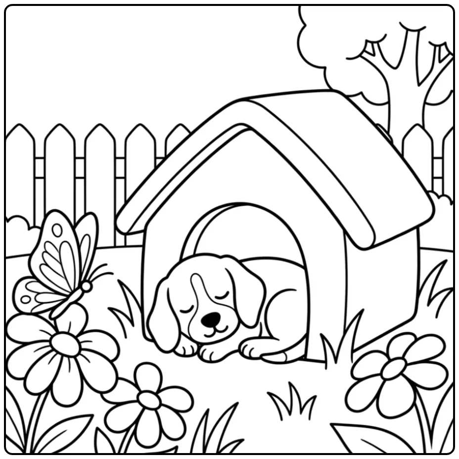 A napping puppy in its doghouse, a Beagle Coloring Page For Kids.