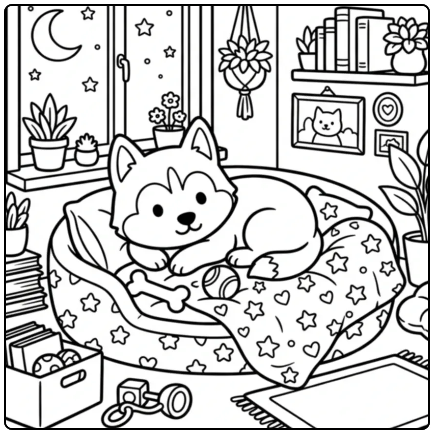 An adorable cartoon Husky Puppy Coloring Page with toys in bed.