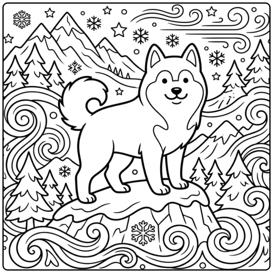 A majestic cartoon Husky Coloring Page For Adults on a peak.