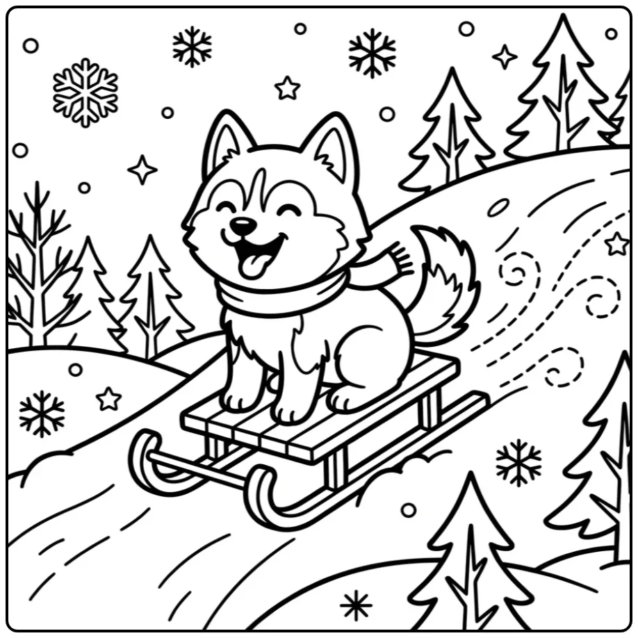 A joyful cartoon Husky Coloring Page on a winter sled ride.
