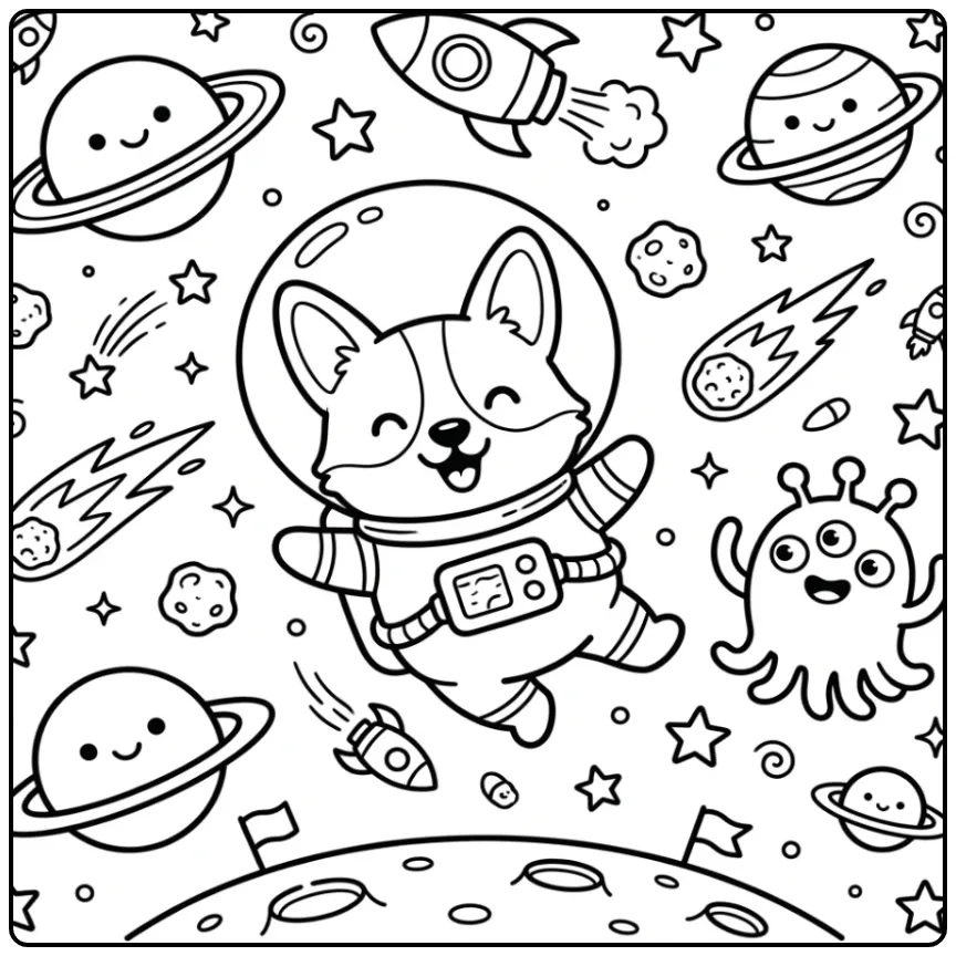 A happy corgi astronaut floats in space on this Cute Corgi Coloring Page.