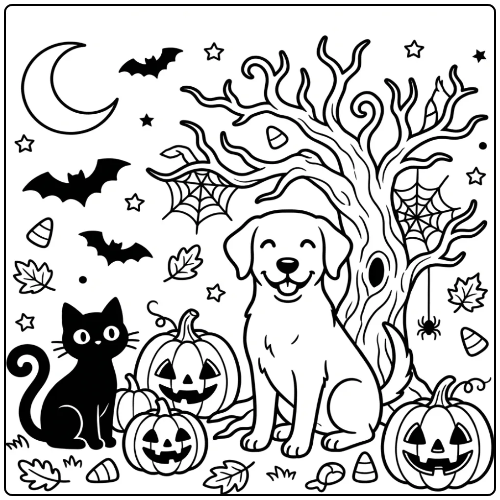 A cute Halloween Labrador Coloring Page with a cat and pumpkins.