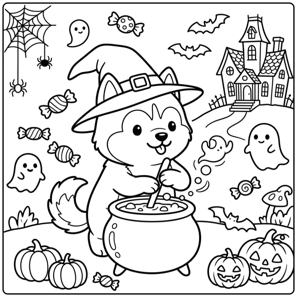A cute puppy with a witch hat on a Halloween Husky Coloring Page.
