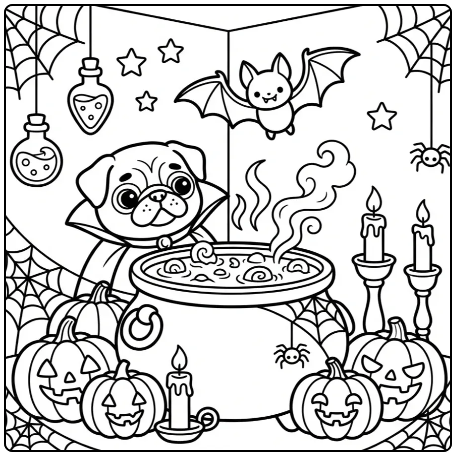 A vampire pug with a cauldron on a fun Halloween Pug Coloring Page.