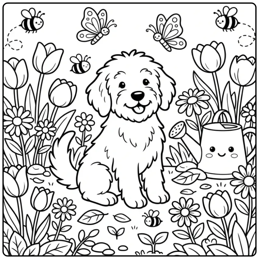 A happy dog in a spring garden Golden Doodle Coloring Page.