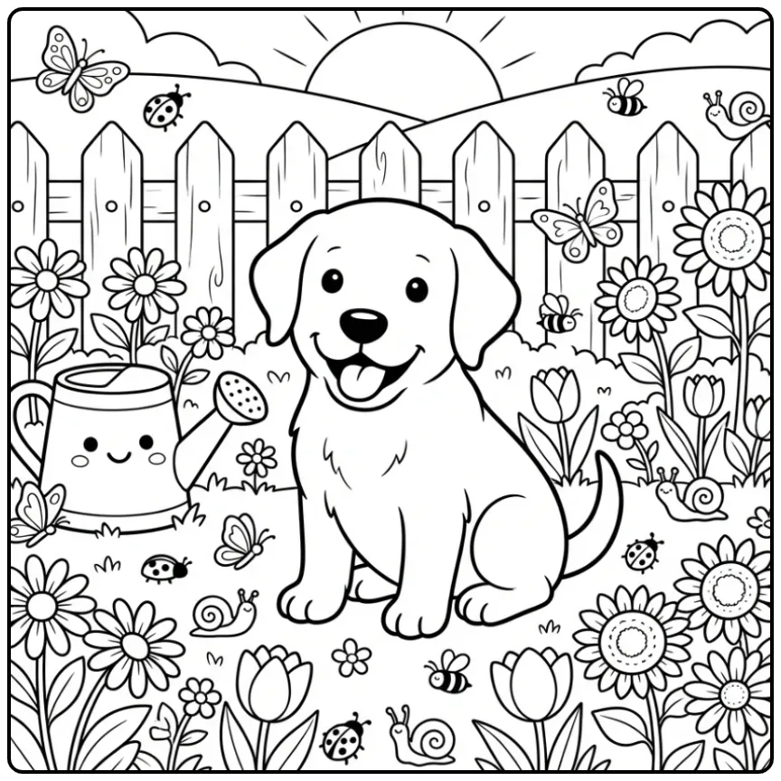 A cute Labrador Puppy Coloring Page sitting in a garden.