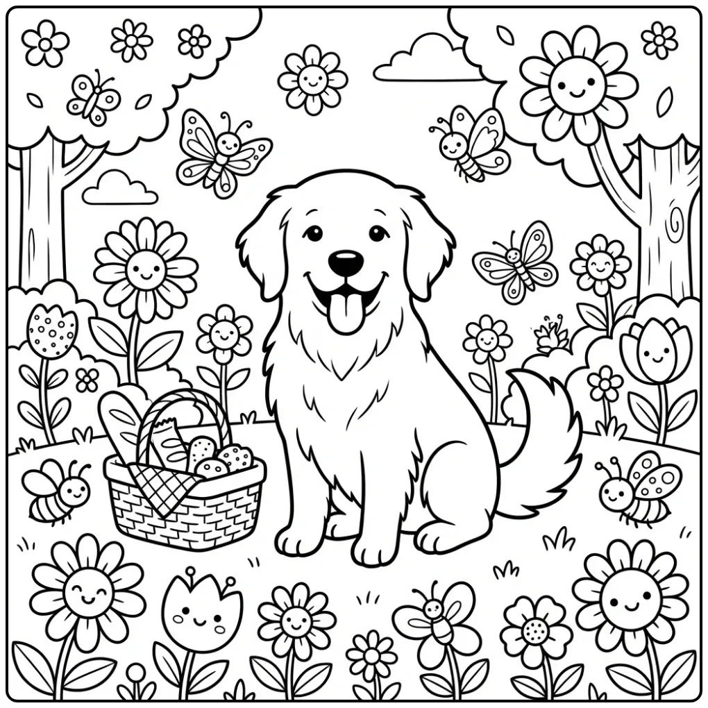 A happy dog in a sunny park, a Cute Golden Retriever Coloring Page.